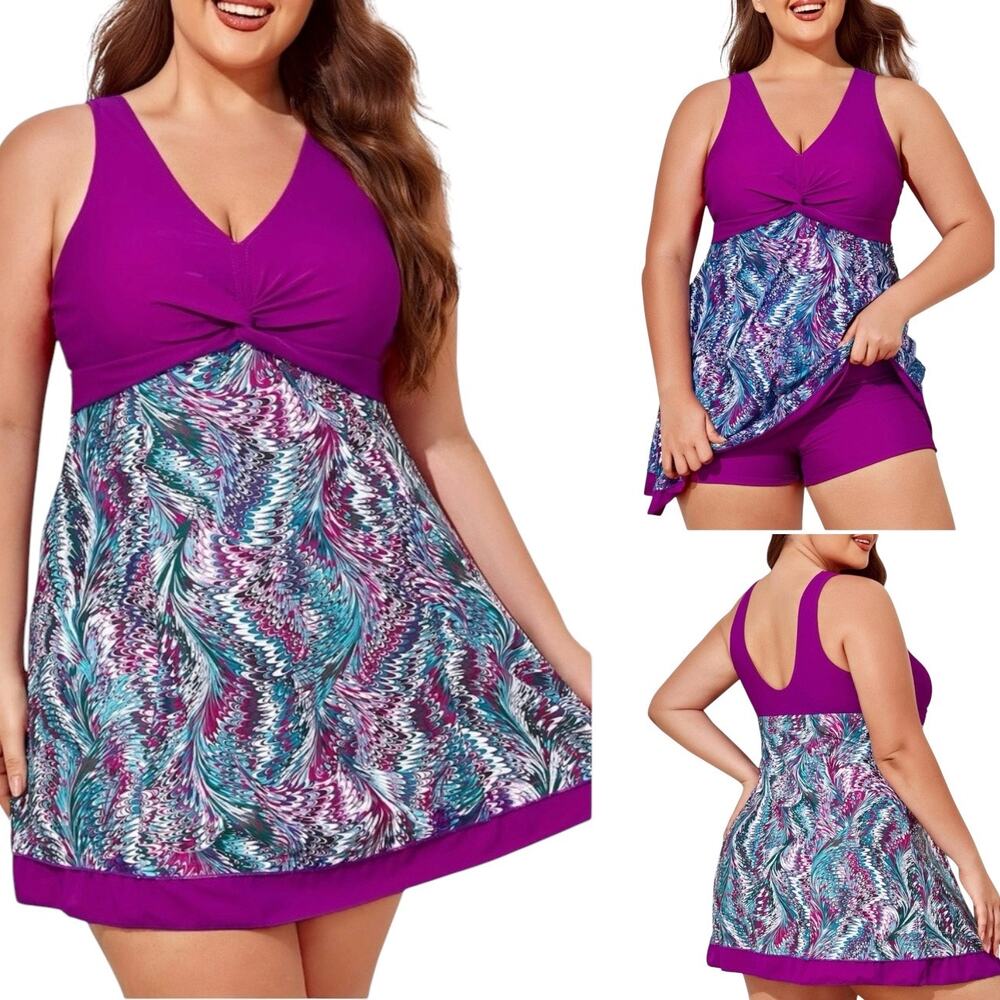 Summer Mae Plus Size 5XL Tropical Floral Print Swim Dress Built In Shorts